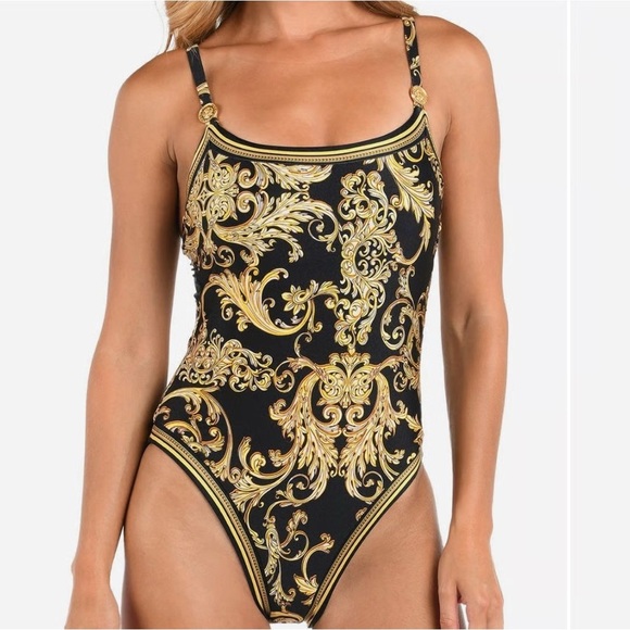 L’agence Remi Baroque Basic Lingerie One Piece Swimsuit Black Gold LARGE - Picture 1 of 6